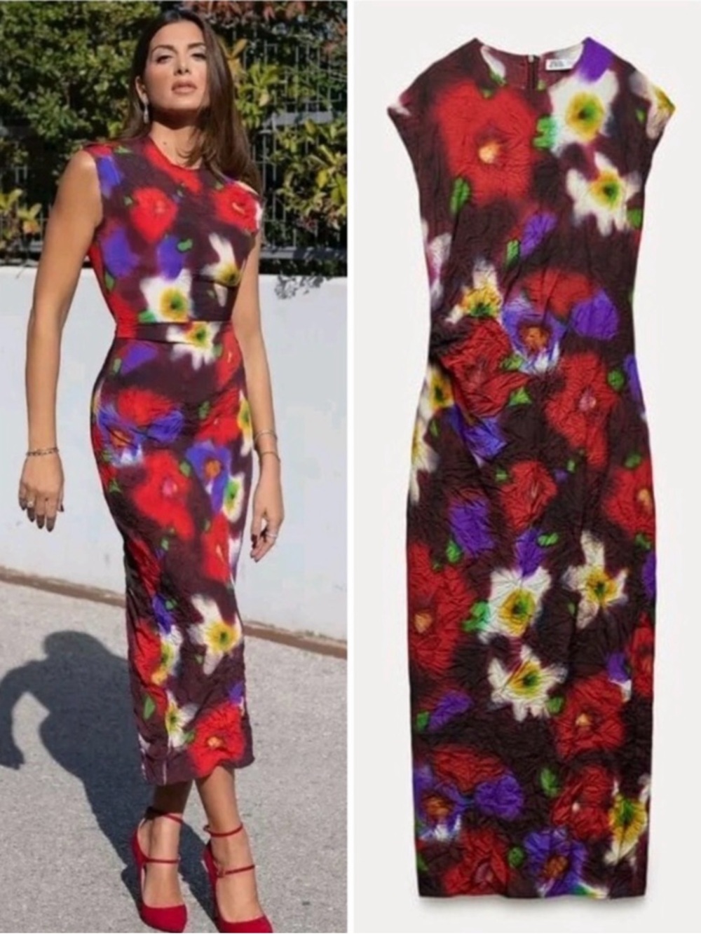 Zara Red Floral Midi Sheath Dress with Multicolor Blooms